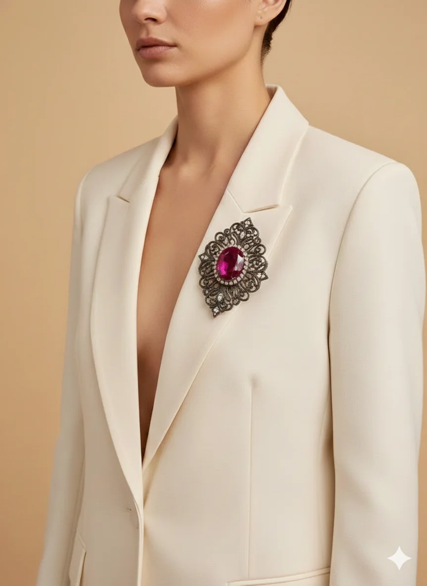 Сцена для продаж - Брошь на бежевом пиджаке 