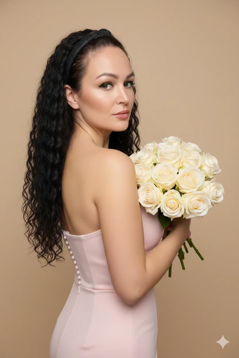 Женщина в студии с букетом роз в розовом платье со спины