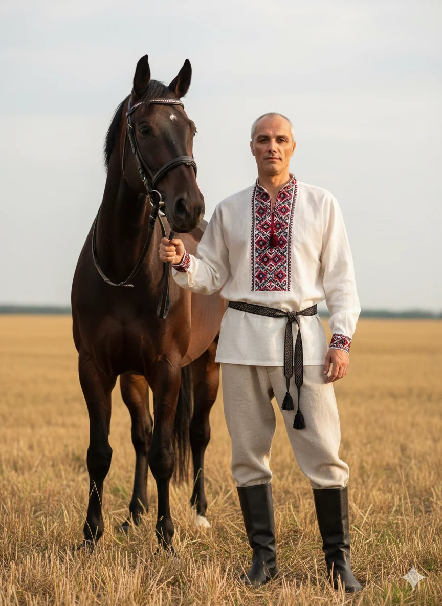 Мужчина в светлой вышитой рубахе стоит в поле рядом с лошадью
