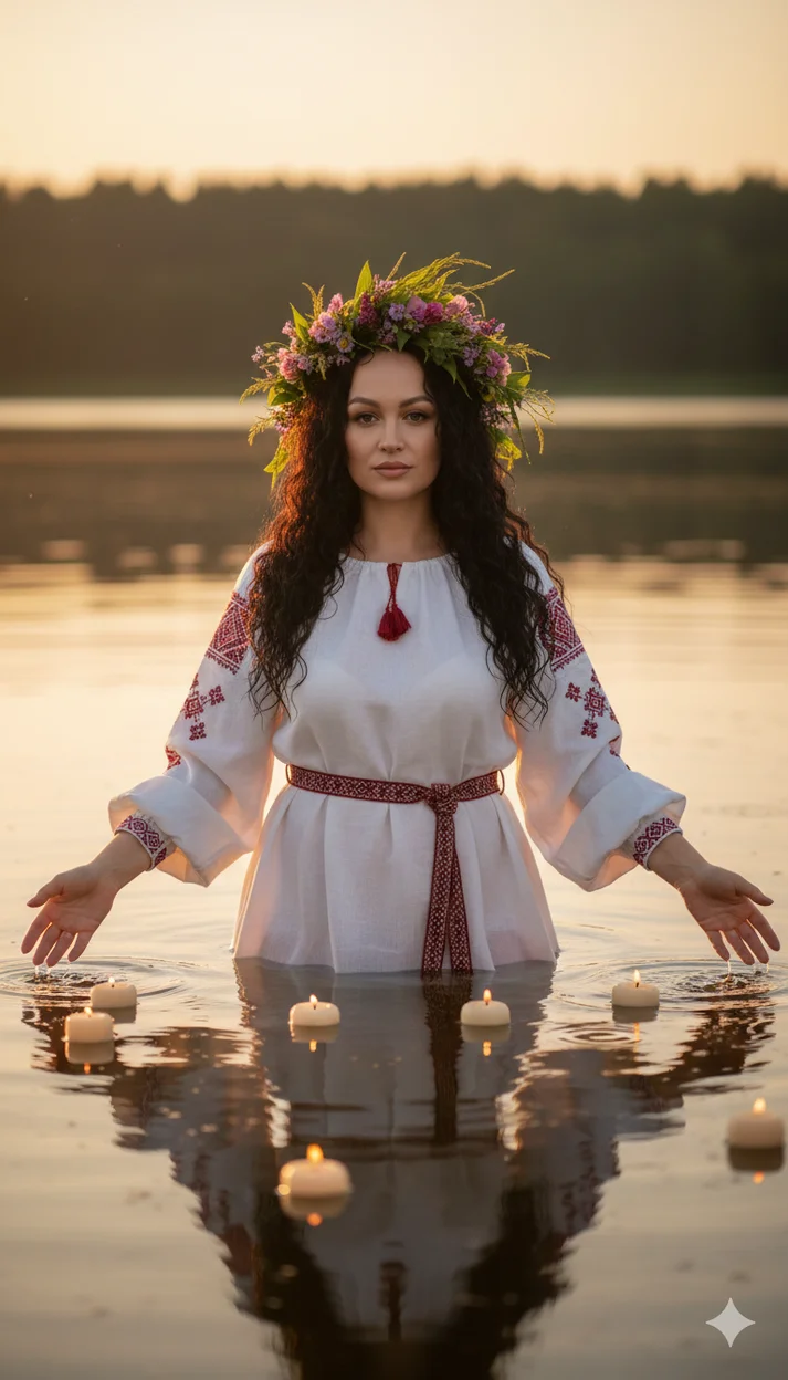 Женщина в белом платье с венком стоит в воде