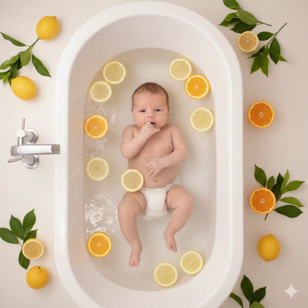 Малыш лежит в ванне с прозрачной водой  с лимончиками 