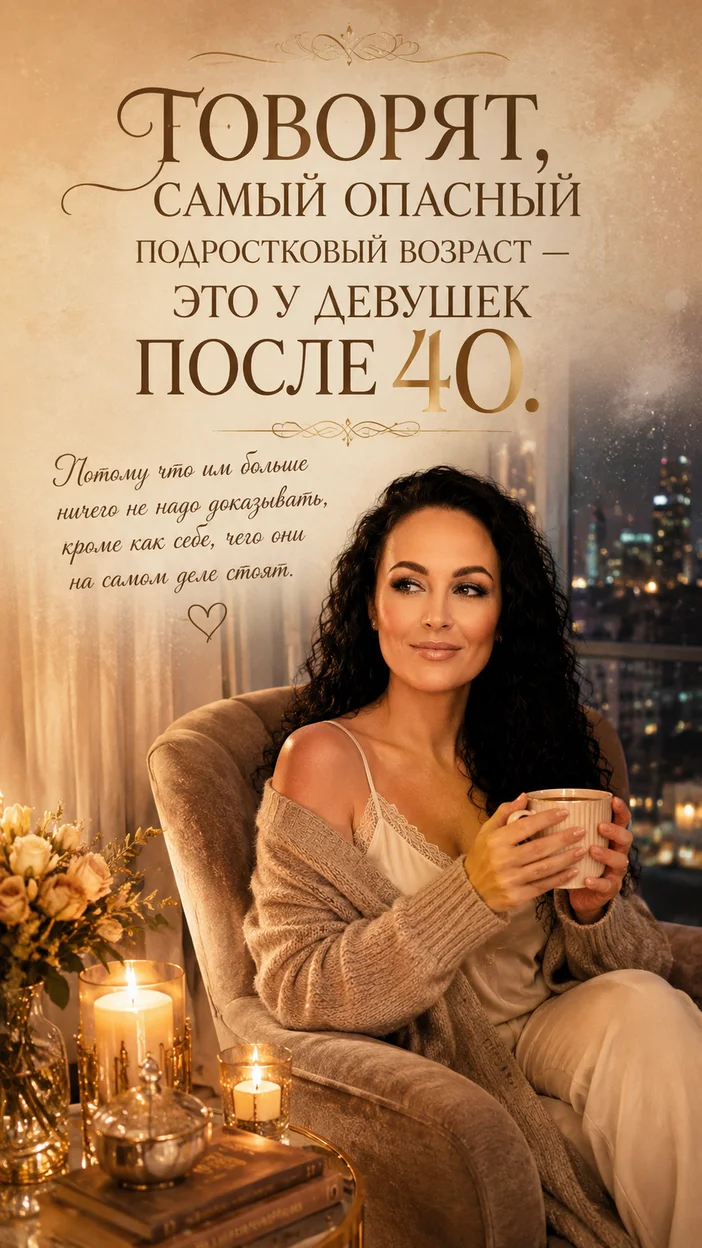 Фотосессия женщина 40+ с чашкой в тёплом вечернем интерьере