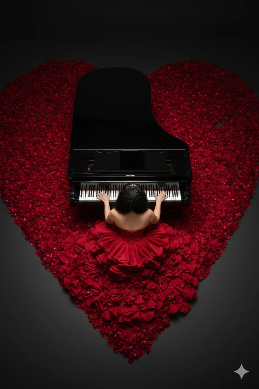 Женщина за роялем из красных лепестков в форме сердца