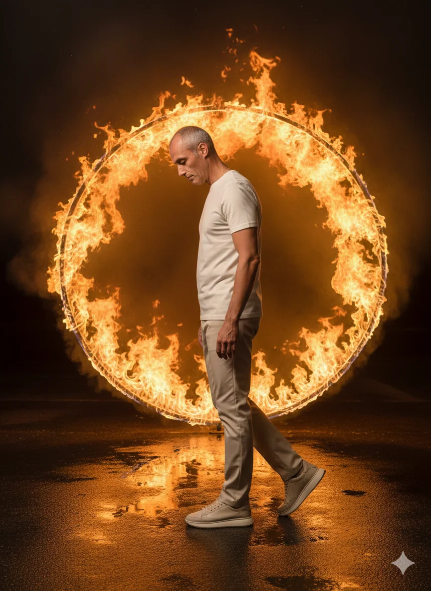 Мужчина на мокром асфальте перед огненным кольцом в светлой одежде