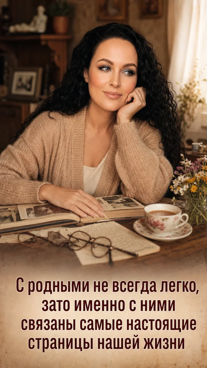 Фотооткрытка для родных с текстом "С родными не всегда легко, зато именно с ними связаны самые настоящие страницы нашей жизни"
