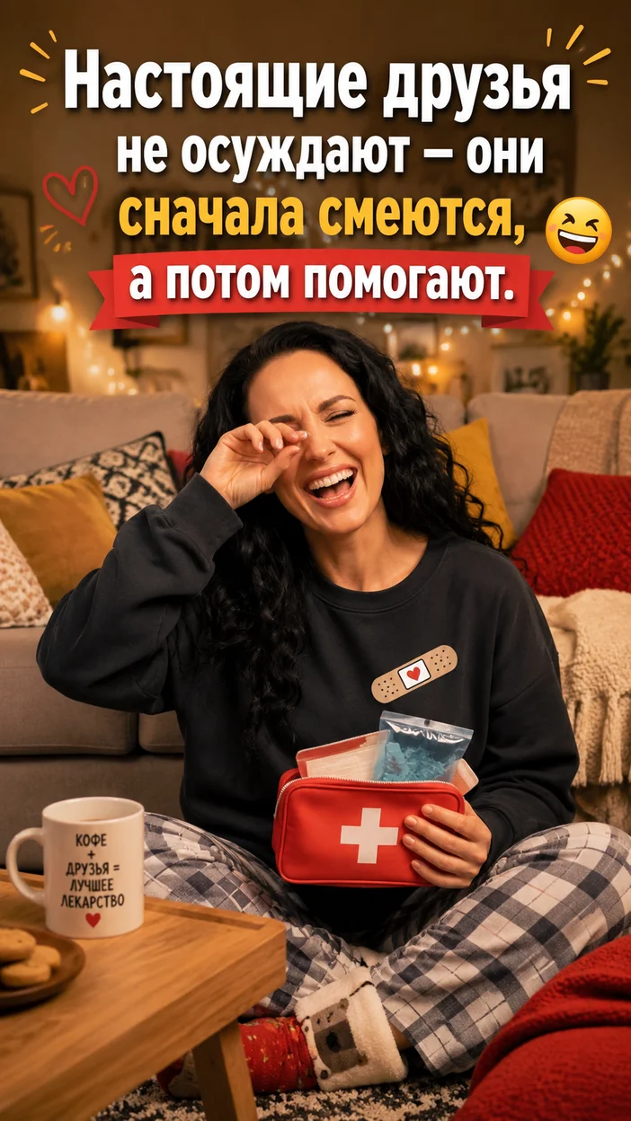 Фотооткрытка для товарища с текстом "Настоящие друзья не осуждают — они сначала смеются, а потом помогают."