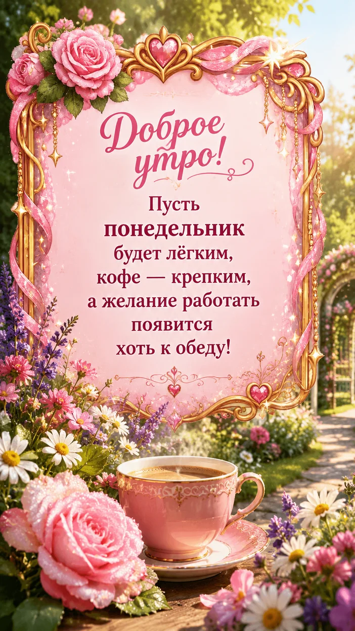 Фотооткрытка «Доброе утро! Пусть понедельник будет лёгким, кофе — крепким, а желание работать появится хоть к обеду!»