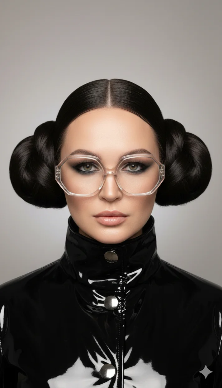 Девушка с высокой симметричной причёской из двух крупных пучков 