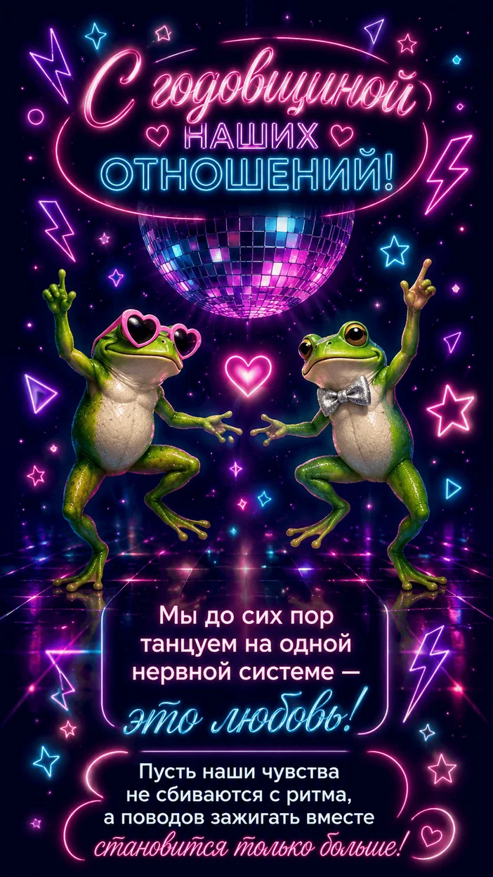 Фотосессия юмористическая неоновая открытка с лягушками к годовщине отношений
