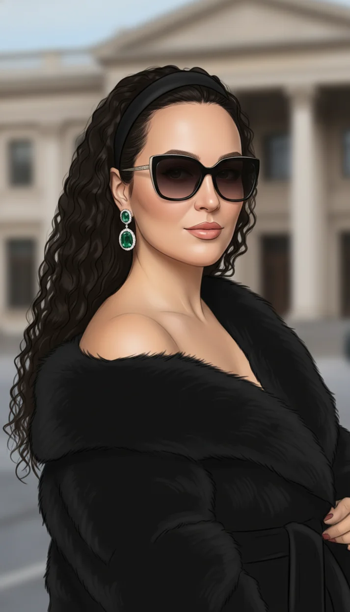 Женщина в черной меховой шубе в городе