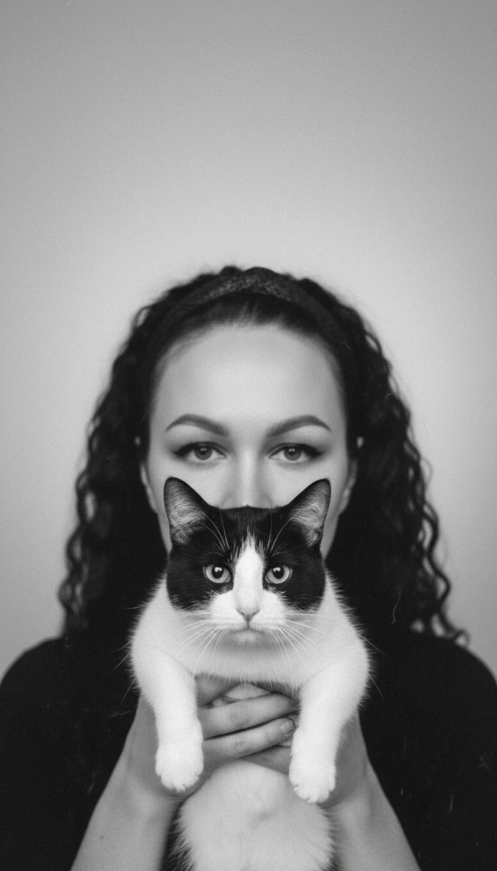  Девушка с черно-белой кошкой в портретной черно-белой съемке