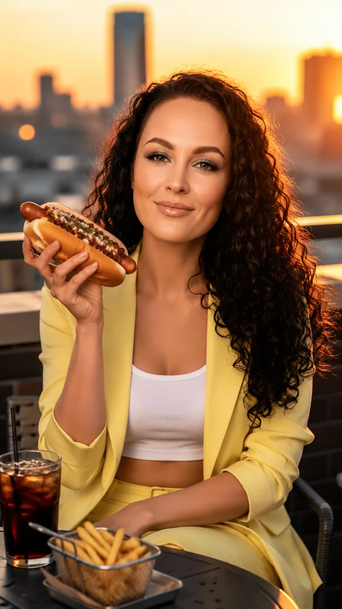 Фотосессия девушки с хот-догом на крыше на закате