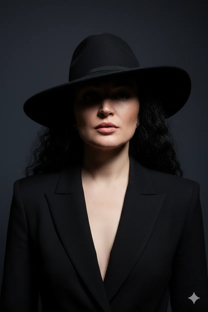 Кинематографичный fashion-портрет: девушка в чёрном жакете и шляпе с жёстким световым акцентом