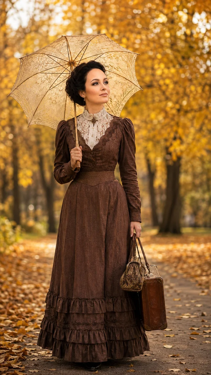 Фотосессия осенней дамы с зонтом и чемоданом