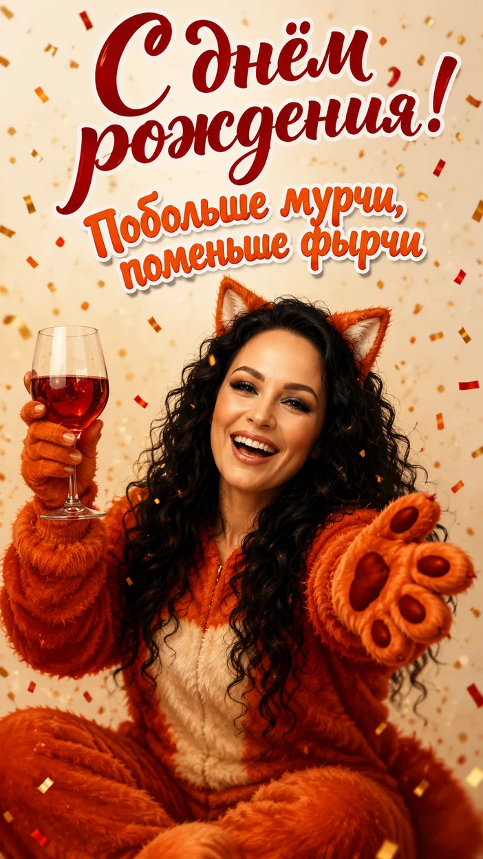 Фотосессия человека‑кота с бокалом и конфетти
