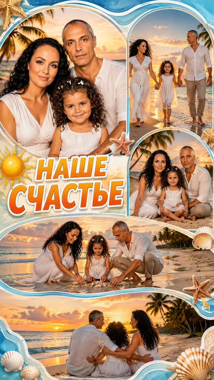 Фотосессия морской семейный коллаж на закате