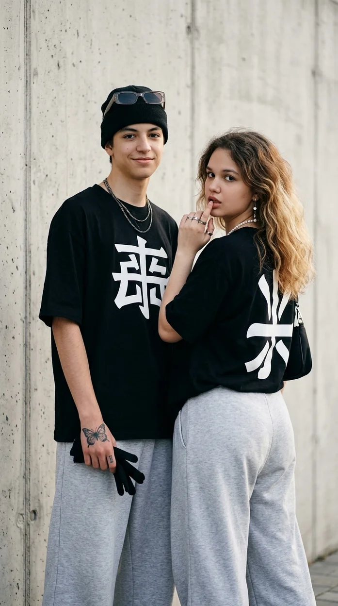 Брат и сестра у бетонной стены в чёрных streetwear футболках 