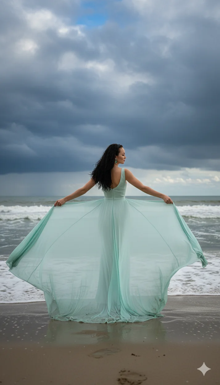 Девушка в струящемся мятном платье спиной к камере у прибоя