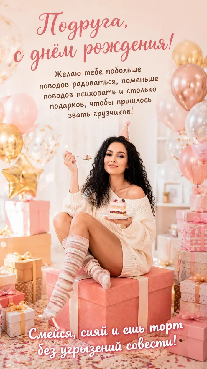 Фотосессия уютной барышни на подарке с надписью «Подруга, с днём рождения!»