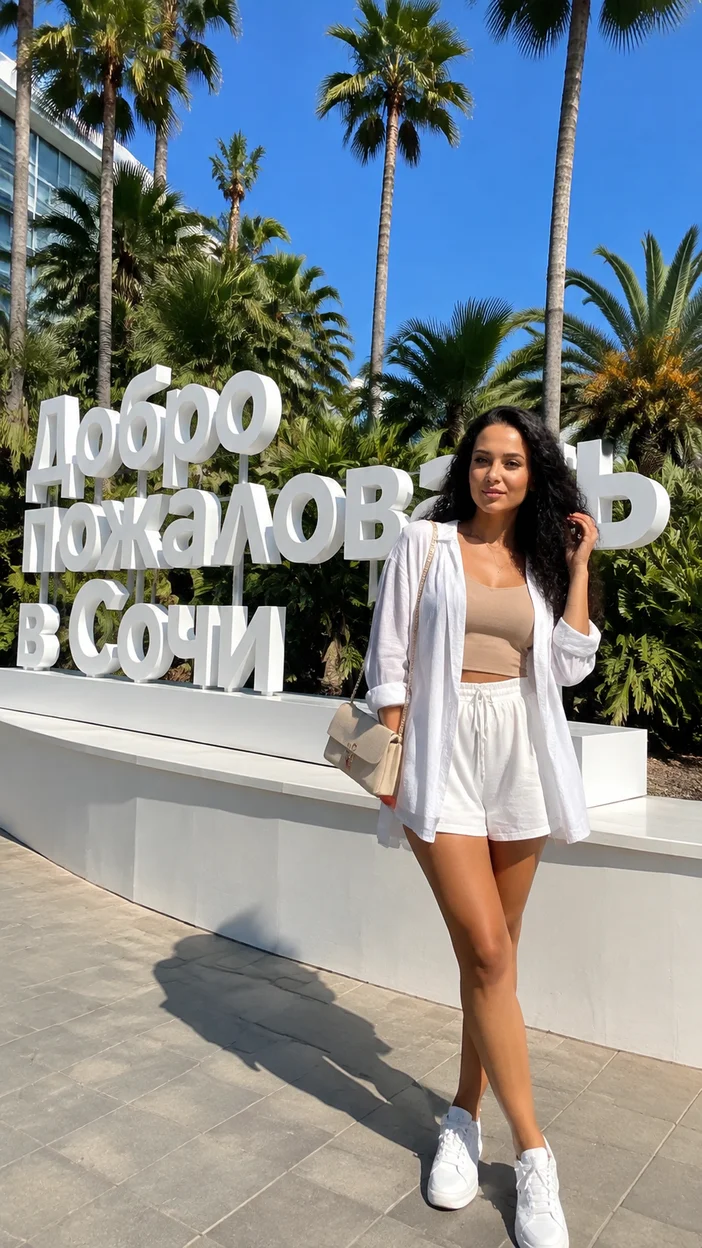 Фотосессия девушки у знака Добро пожаловать в Сочи