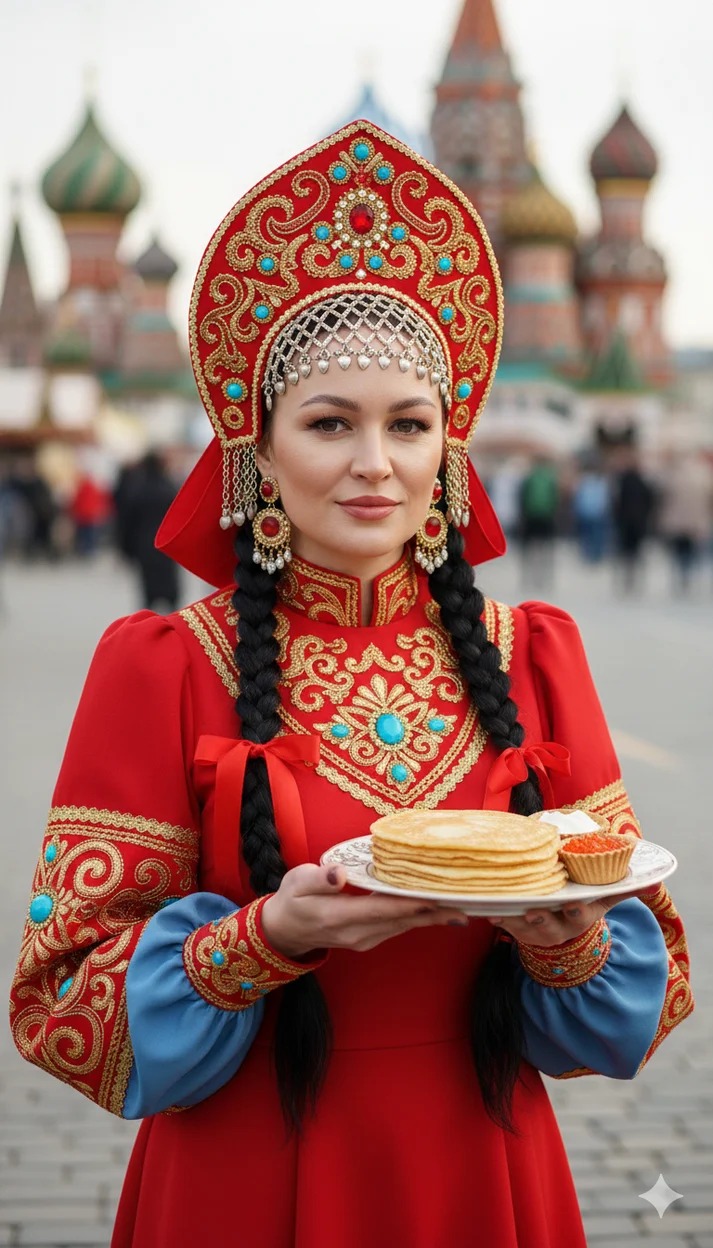 Девушка в русском народном костюме на ярмарке с блинами в руках