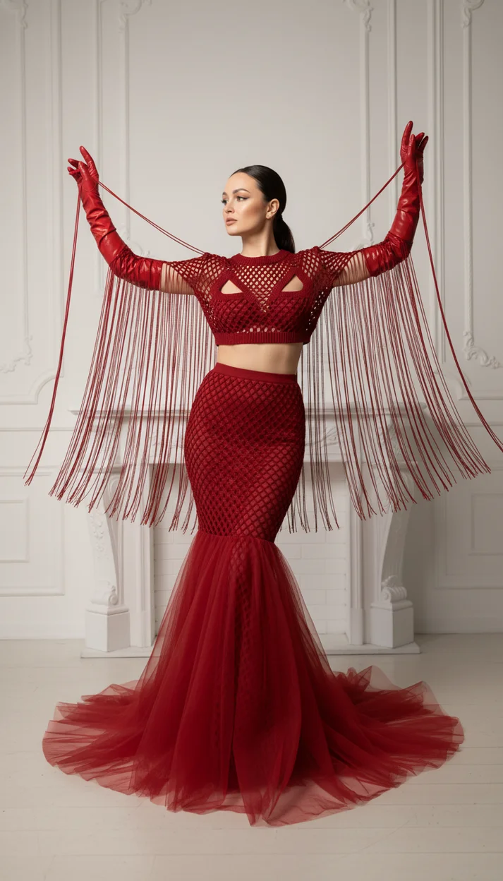  Красный кутюр с бахромой — fashion портрет