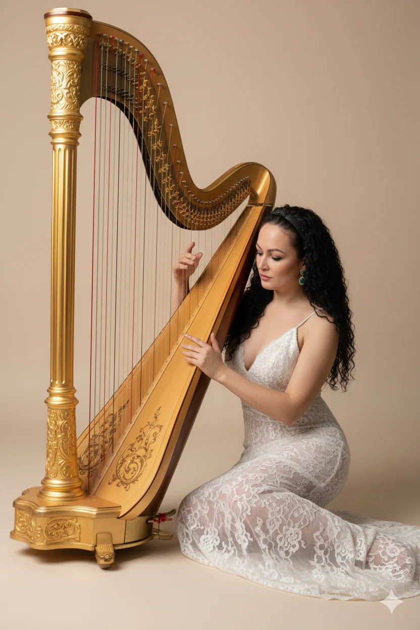 Женщина в студии с золотой арфой в светлом кружевном платье 