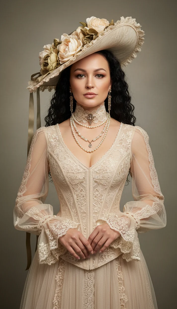 Женщина в винтажном кружевном платье и широкополой шляпе с цветами