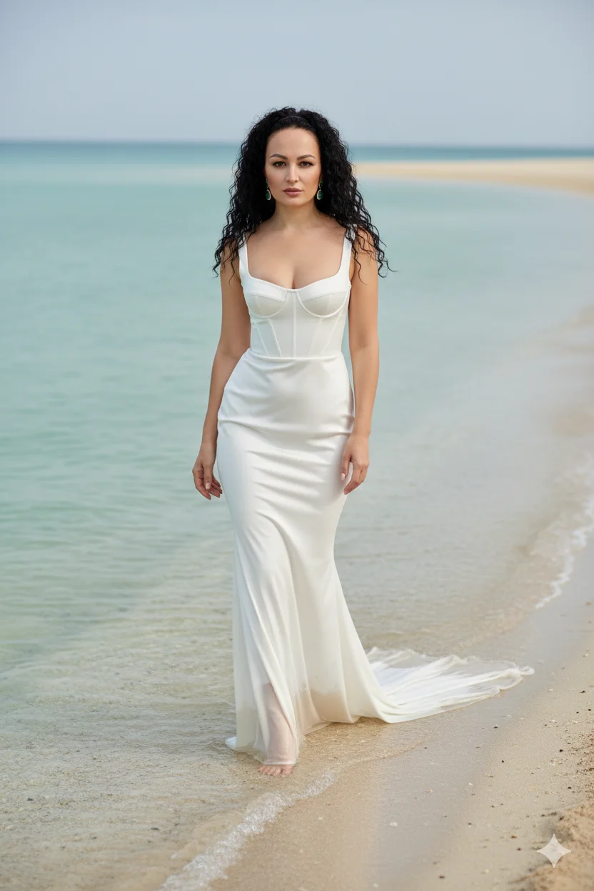 девушка идёт по мелководью вдоль песчаного берега в минималистичном белом вечернем платье