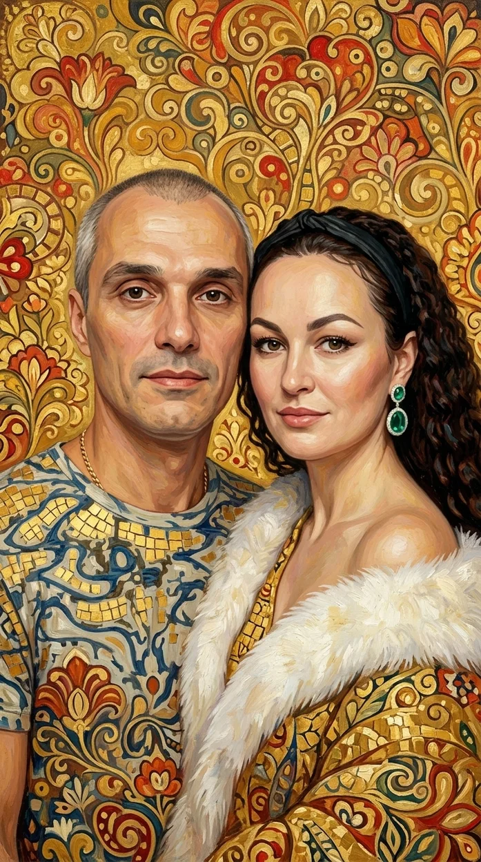 Семейный портрет в декоративном живописном стиле с орнаментальным фоном