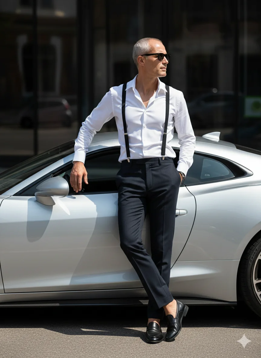 Мужчина у серебристого спорткара в белой рубашке и брюках