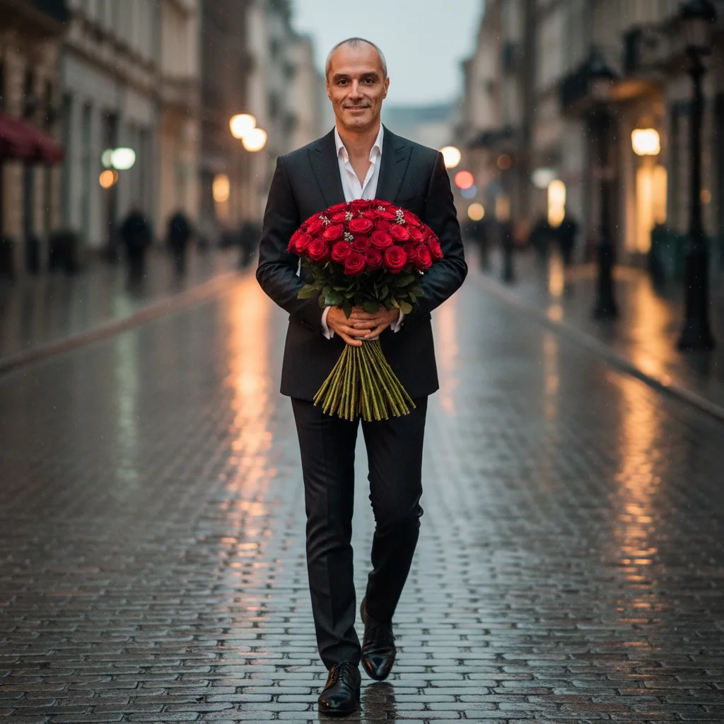 Мужчина с букетом роз