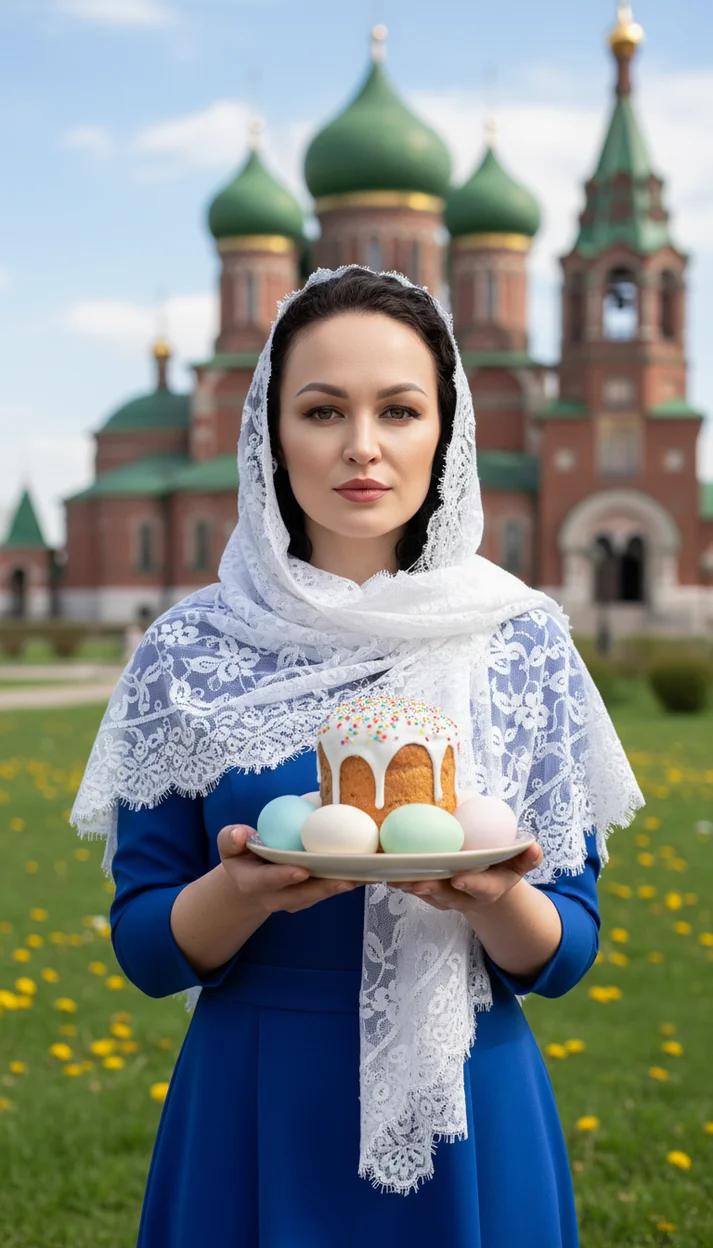 Женщина в синем платье и белом платке держит пасхальный кулич