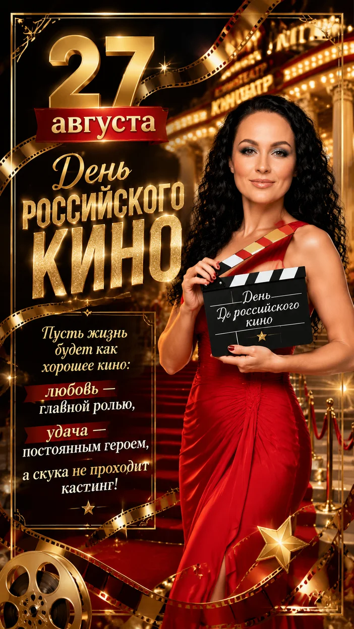 Фотосессия женщины в красном вечернем платье на красной дорожке у кинотеатра