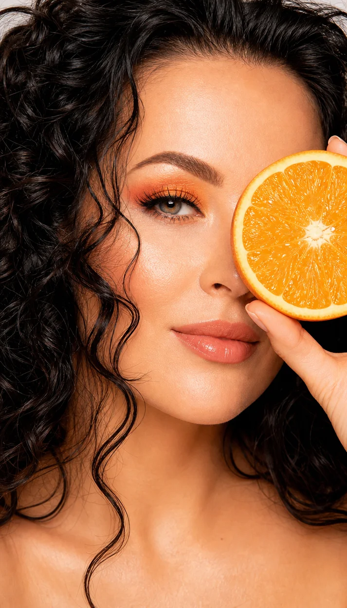 Фотосессия девушки с апельсином в крупном beauty-портрете