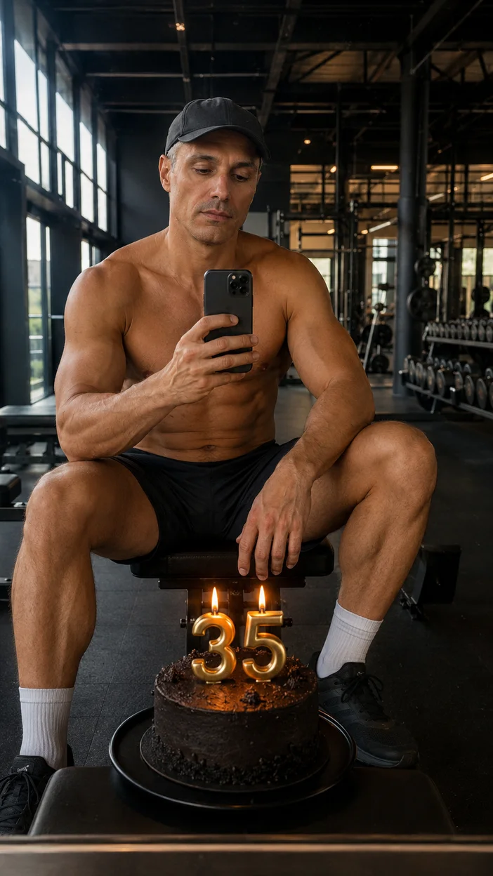 Фотосессия спортивного мужчины  на день рождения  в зале с цифрой "35"