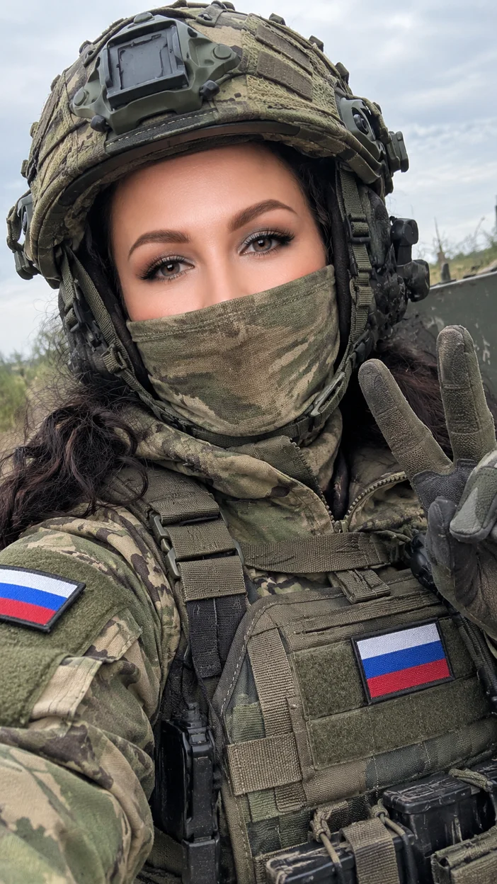 Фотосессия селфи в тактическом шлеме — девушка в русской форме показывает V жест
