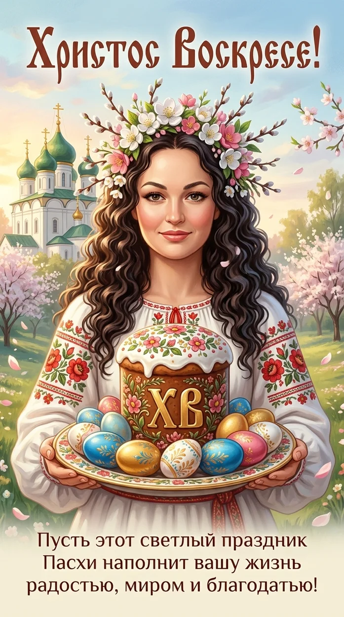  Фотореалистичная праздничная пасхальная открытка в славянском православном стиле