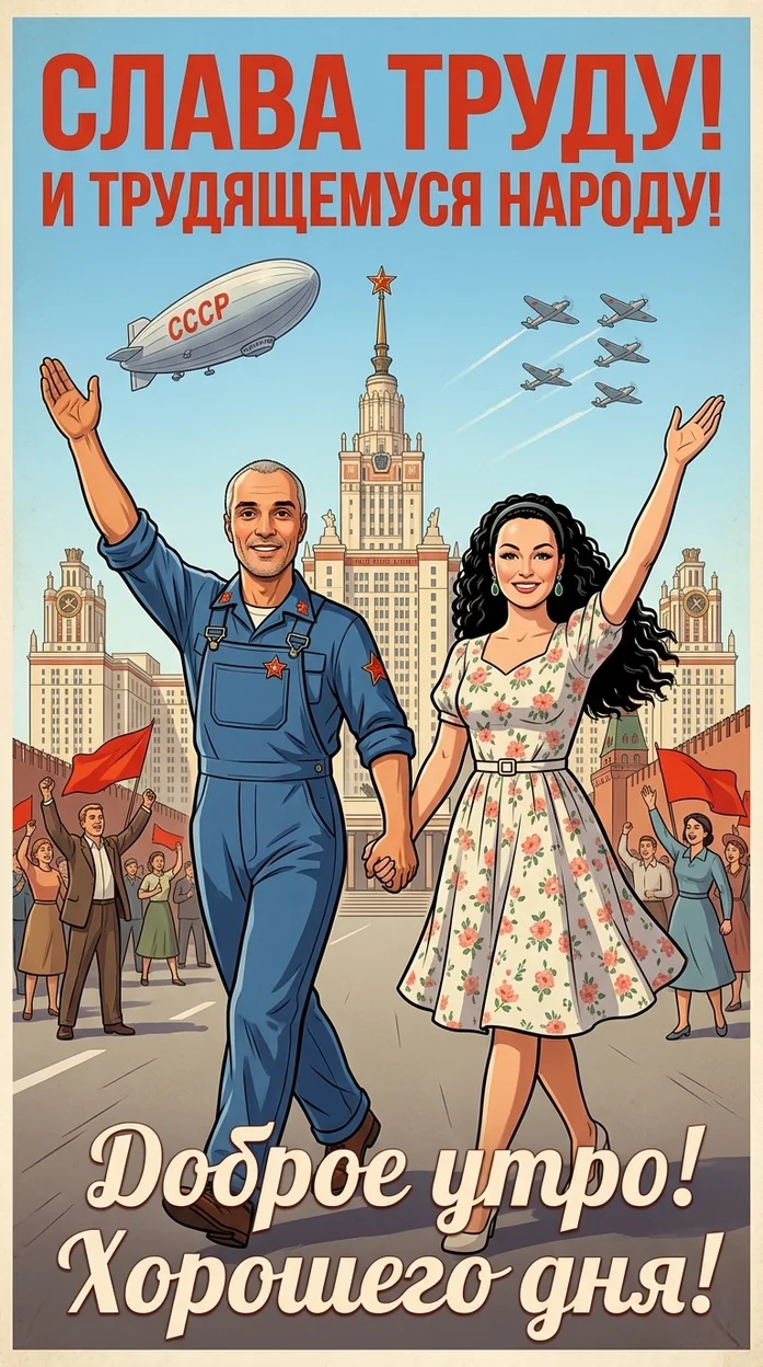  Советская ретро-иллюстрация в стиле агитационного плаката на 1 мая 