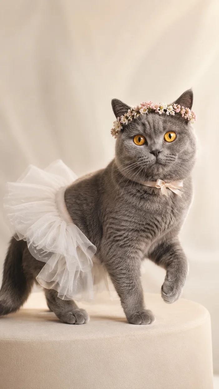 Фотосессия кошки‑балерины на белом подиуме