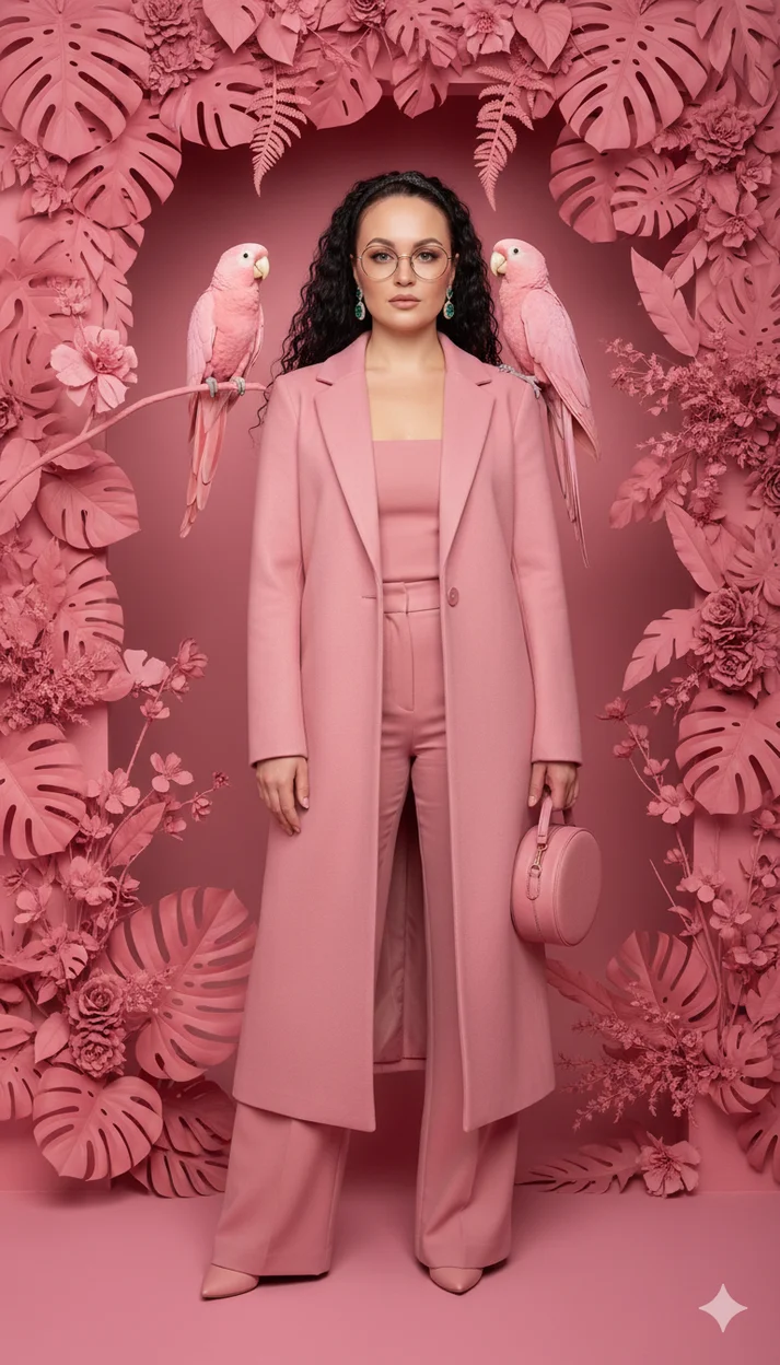 Девушка в розовом пальто среди розовых растений с попугаями