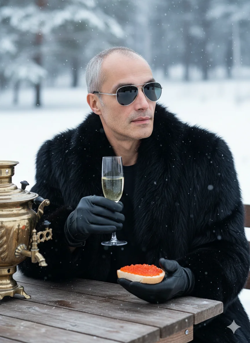 Мужчина в меховом пальто на снегу держит бокал и икру