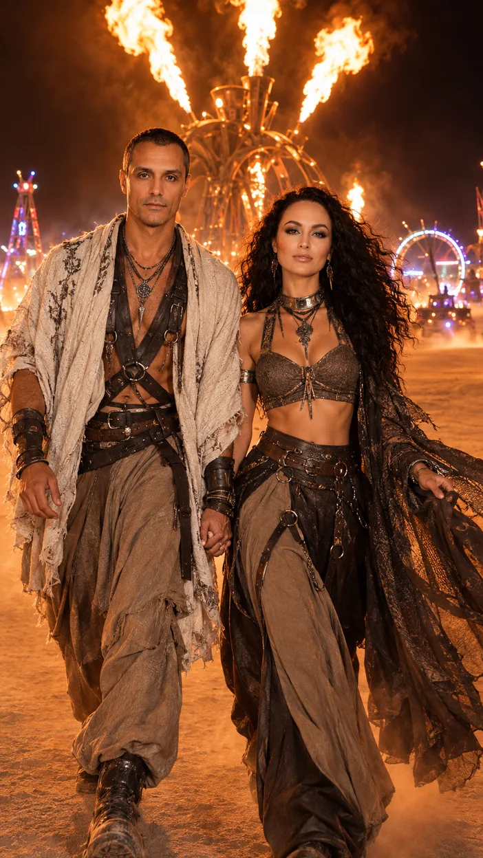Фотосессия парная огненная ночь Burning Man — мужчина и женщина идут у механической инсталляции с потоками пламени