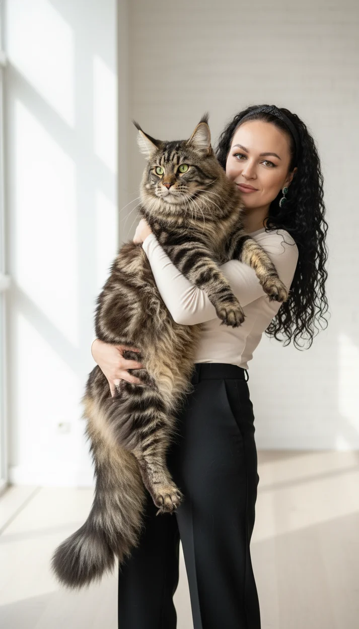 Девушка с котом Мейн-кун 