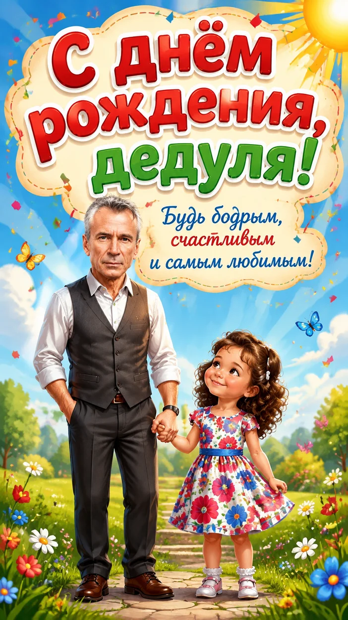 Фотосессия дедушки и ребёнка в мультяшном стиле