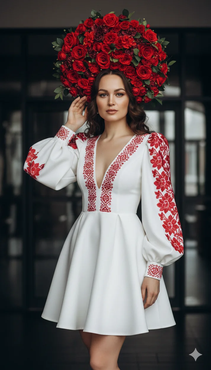 Женщина в интерьере в белом платье с красной вышивкой  - Русский стиль 
