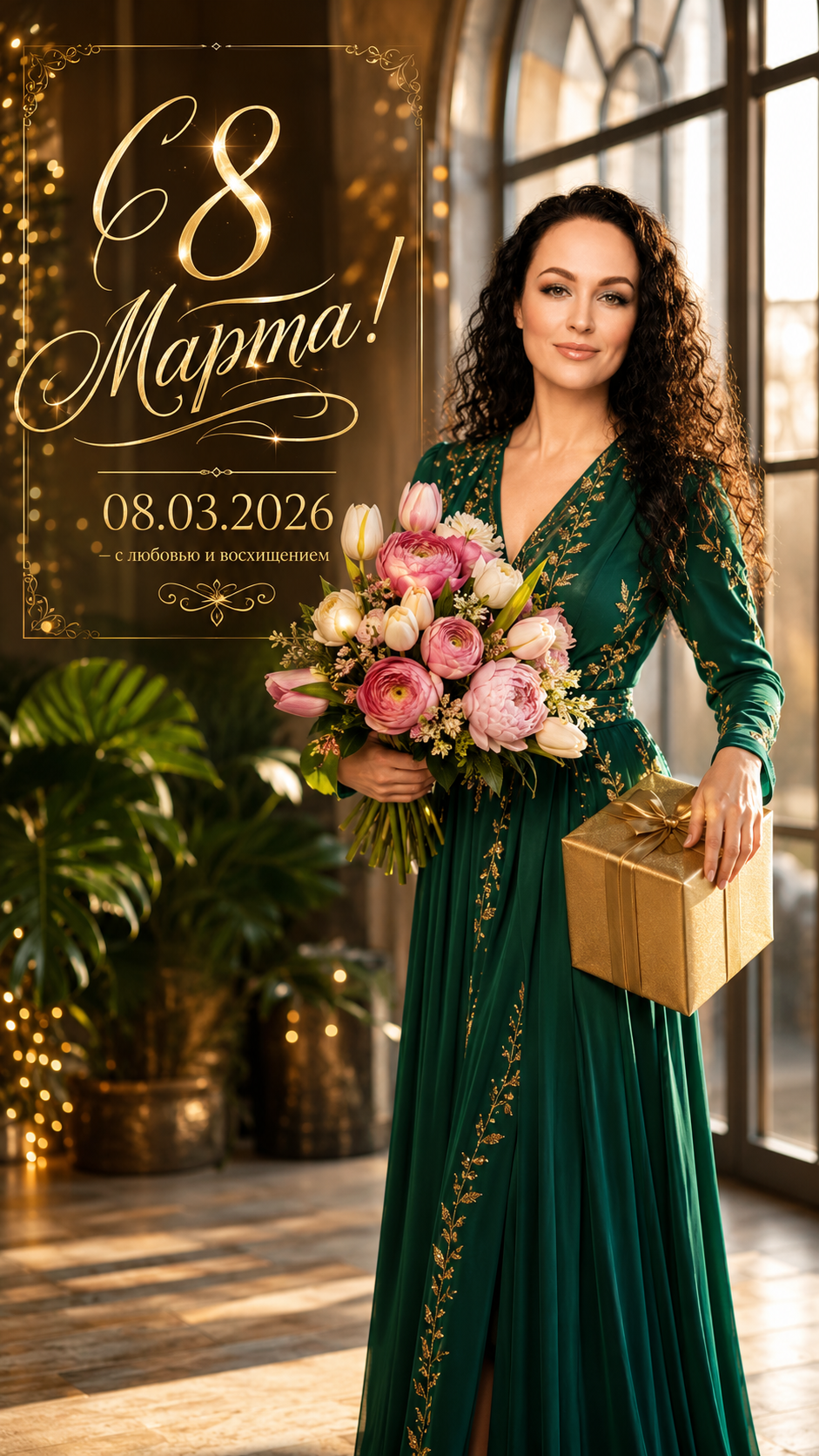8 Марта — 08.03.2026 — роскошная карточка с букетом