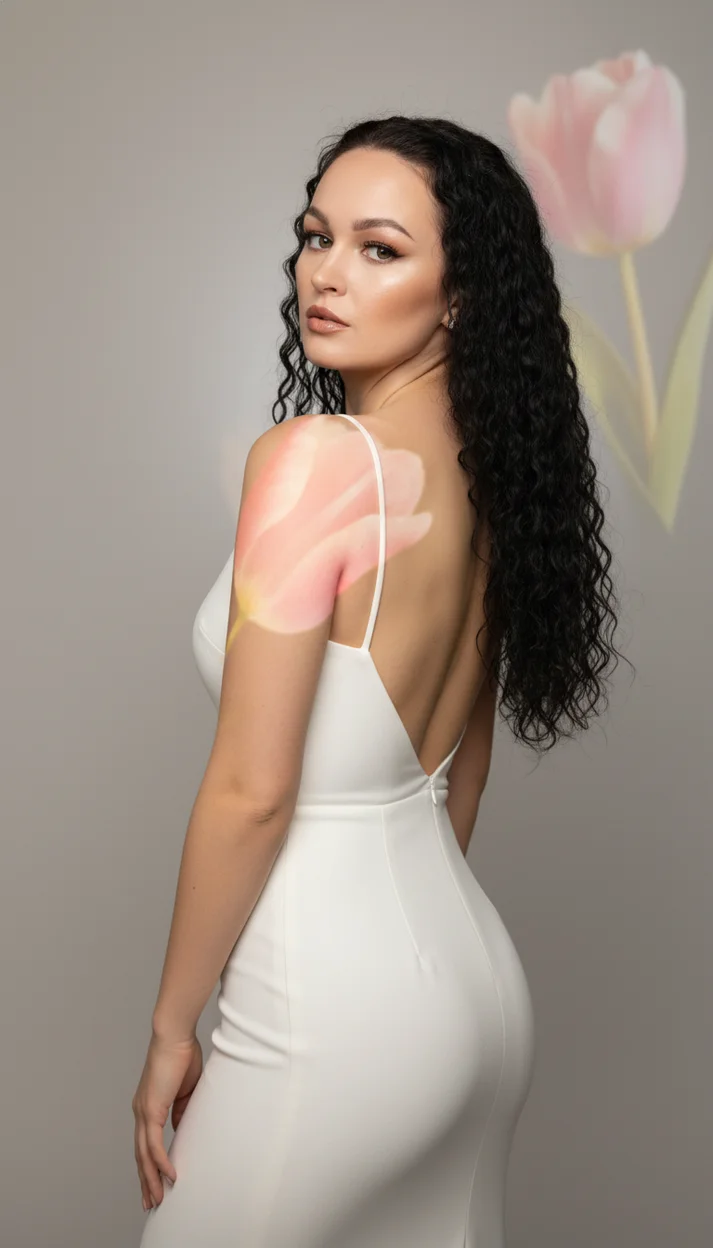Девушка в белом платье с открытой спиной в студии с проекцией тюльпанов