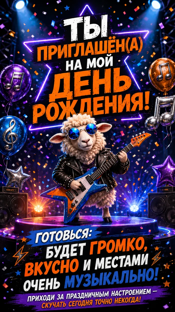Фотосессия юмористического пригласительного с бараном-рокером