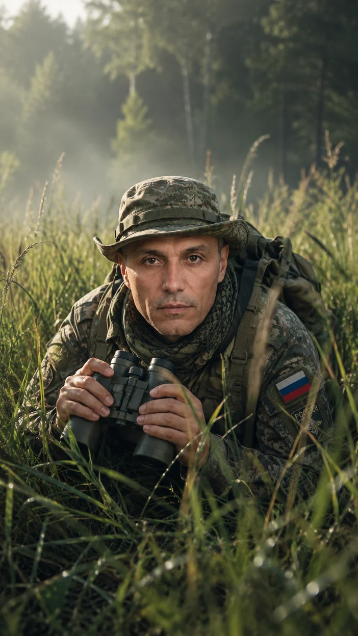 Фотосессия разведчик в высокой траве с биноклем в российской полевой экипировке